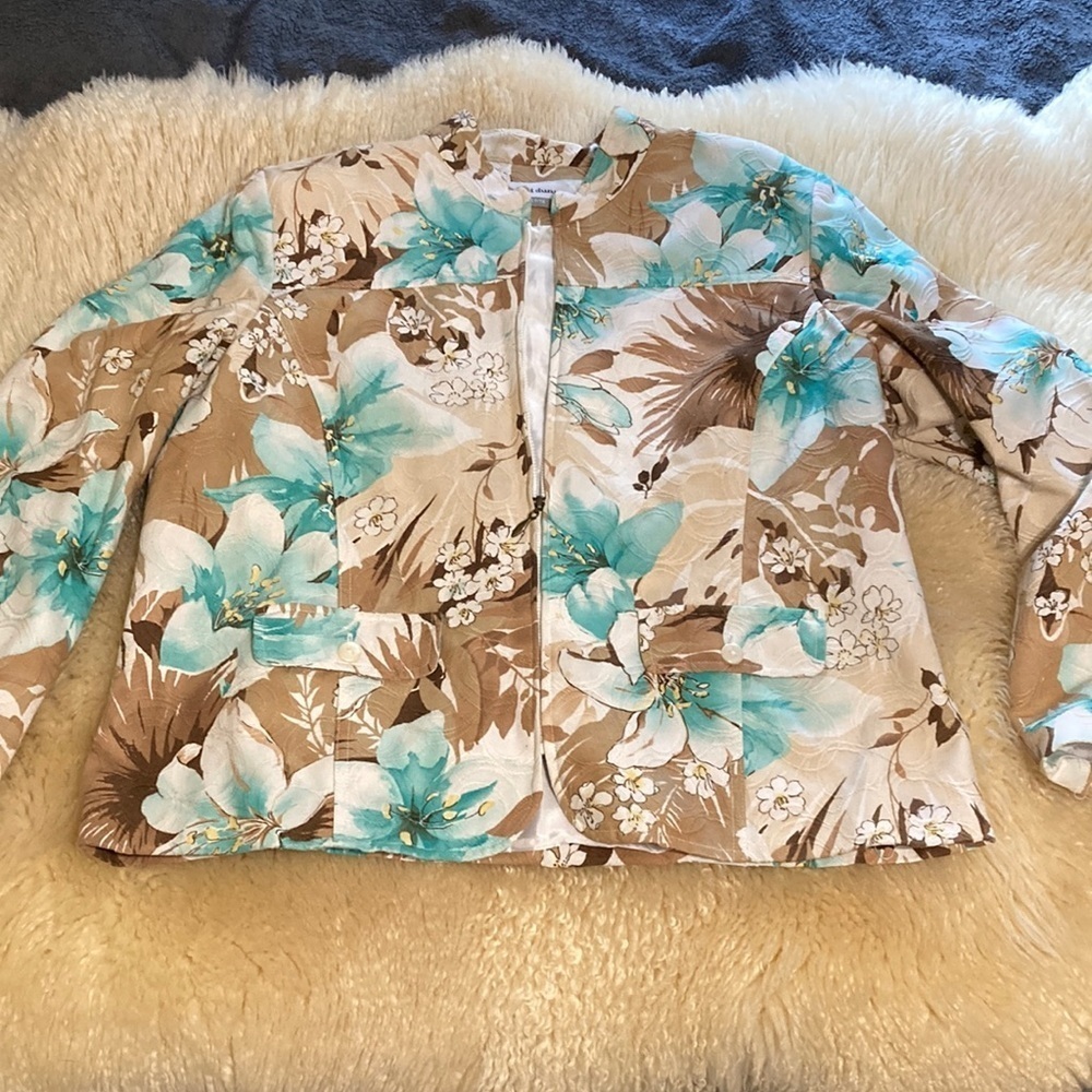 Alfred Dunner Floral Blazer in Tan and Aqua